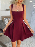 MQTIME  -  Spring Summer New Vestidos Simple Solid Color Women Dress Elegant Square Neck Female Strap Dresses