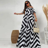  MQTIME  -  Women's New Fashion Sexy Loose Fit Large One Shoulder Printed Flare Sleeves Women's Medium Length Dress Casual Street Dress