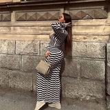 MQTIME  -  Women Fashion V Neck Dress High Waist Long Sleeve Wavy Striped  Sexy Slim Bodycon Dresses Commuting Casual Banquet gowns
