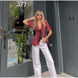  MQTIME  -  Chic Fringed Fitted Shirts Women V Neck Short Sleeves Lace Up Ruffles Blouse Female Summer New Vintage Fashion Tops Lady