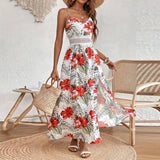 MQTIME  -  Women Bohemian Chiffon Dress Strapless Printing Maxi Dress Lace Hollow Out Beach Dress Floral Vestidos Sundress