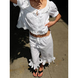 MQTIME  -  Women Embroidery Lace Ruffle Hem 2Pcs Pajama Set Y2k Bow Tie Button Front Puff Sleeve Babydoll Top+Crop Blommer Pants