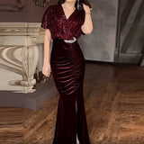 MQTIME  -  Banquet Elegant Sequins V-Neck Wrap Dress 2025 Women Retro Patchwork Velvet Long Dress Sexy Glitter High Split Pleat Party Dress