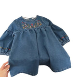 MQTIME  -  Girls Denim Dress Autumn Spring Long Sleeve Embroidery Floral Kids Dresses Fall Children Casual Dress Baby Girl Clothes 2-7Yrs