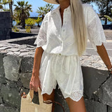 MQTIME  -  New Summer White Casual Lapel Shorts Playsuits Sexy Lace Embroidered Hollow Shirt Jumpsuit Ladies Fashion Lace Up Holiday Romper