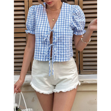  MQTIME  -  Women's Gingham Crop Top Puff Sleeve V-Neck Tie Front Blouse Summer Shirt With Elastic Cuffs