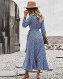 MQTIME  -  Printing Maxi Dress V Neck Bandage Boho Holiday Dress Long-sleeved Belt Lace-up Vestidos Ruffled Beach Dresses