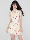 MQTIME  -  Flower Print Halter Mini Dress Beige Sleeveless Backless Summer Birthday Dress for Women Irregular Fashion Sexy Dresses