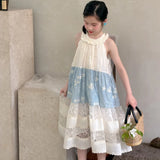 MQTIME  -  Girls Dress Spring and Summer New Childrens Clothing Korean Style Girl Baby Lace Splicing Flower Hanging Neck Halter Dress
