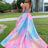 MQTIME  -  Fashion Sexy Girls Birthday Dress Rainbow Frock Pleated Backless Lace Up Strapless Maxi Party Evening Dress Cocktail Femme Robe