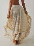 MQTIME  -  Women Lace Ruffle Courtship Half Slip Elastic Waist Asymmetrical Hemline Midi Skirts Semi Sheer Layered Maxi Skirts
