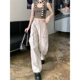 Mqtime American Retro Multi-pocket Loose Casual Cargo Pants Women 2024 Spring New High Waist Solid Color All Match Wide Leg Pants