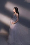  MQTIME  -  Silver Maternity Photography Dresses Sexy Sequin Beaded Dress Pregnant Women V Neck Sling Dress Baby Shower Maxi Dress