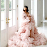 MQTIME  -  Unique Pink Maternity Robes Ruffled Tulle Photo Shooting Gowns Customized Sheer Puffy Tulle Maternity Dress for Photography