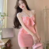 MQTIME  -  Celebrity Girl Sexy Dresses Fake Two Pieces Perspective Lace Splicing Short Sleeve Ruffle Edge Hip Wrap Dress Tide