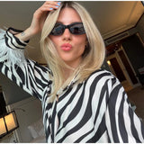 MQTIME  -  Fashion Minimal Zebra Print Leisure Blouse Classic V Neck Fluffy White Feather Cuffs Top Women Autumn City Casual Walk Blouse