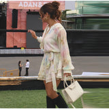  MQTIME  -  Fashion Printed Patchwork Short Dresses Women Elegant Long Sleeve Hollow High Waist Belt Mini Dress Lady Summer Chic Caual Robe