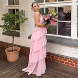 MQTIME  -  Women Ruffles Layered Dresses Summer Female Elegant Chiffon Backless Sleeveless Fluffy Long Dress Solid Color Lady Beach Robes
