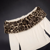 ﻿ MQTIME  -  Leopard Print Faux Fur Patchwork Slim T-shirts Women Sexy Casual Slash Neck Off Shoulder Long Sleeve Streetwear Tees Tops