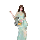 MQTIME  -  Green Tie-dye Mesh Suspender Dress Women's Summer High-end Seaside Vacation Slim-fitting Hip-wrapped Dress