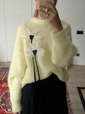 MQTIME  -  New Elegant Three Dimensional Flowers Long Sleeved Sweater Loose Soft Yellow Warm Pullover Top Round Neck Simple Knitwear Female