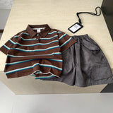 MQTIME  -  Boys' Suit Spring and Summer New Children's Wear Korean Style Boy Baby Striped Lapel T-shirt Cargo Shorts Two Sets