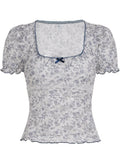 MQTIME  -  American Vintage Flower Print Bow Gauze Sexy Sheer Fake Two Piece Y2k Square Collar Short Sleeve Women's T-shirts