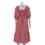  MQTIME  -  Spring New Product Red Plaid Square Collar Five-quarter Sleeve Lace-up Dress Women's Casual Dress
