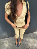 MQTIME  -  Women Striped 2 Piece Matching Set Beige Short Sleeve Deep V Crop Flare Pants Sexy Retro Outfit Summer Beach Street Chic Wear