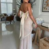 MQTIME  -  Temperament Strapless Sequins Wedding Party Dress Sexy Off Shoulder Bow Decoration Slim Long Dress Lady Solid Backless Prom Gown