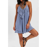 MQTIME  -  Women Lace-up Halter V-Neck Sleeveless Tied Open Back Solid Ruffle Trim Decor Summer Layered Flowy A-line Mini Dress