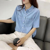 MQTIME  -  Women's Denim Shirt Summer Short Sleeve Loose Single Breasted Blouse Casual Cotton Jean Shirt Tops For Ladies