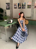 MQTIME  -  Vintage Plaid Dress Women Sexy A Line Midi Dresses Korean Split Slash Neck Slim Sundress Vestidos