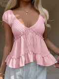 MQTIME  -  Women Summer Vacation Cute Elegant Yellow Frill Ruffle Trim Single Breasted Shirt Blouse Top Ladies Beach Holiday Daily Wear
