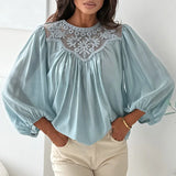 MQTIME  -  New  Spring Elegant O Neck Draped Shirt Fashion Embroidered Lace Hollow Out Blouse WomenSummer Lantern Sleeve Office Ladies Tops