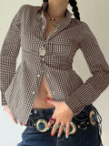 MQTIME  -  Spring New Design Color Contrasting Versatile Fine Grid Cotton Collar Long Sleeve Shirt for Women