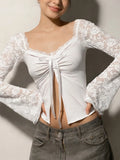 MQTIME  -  Elegant Temperament Solid Lace Patchwork V Neck Flare Sleeve Lace-up Sexy Women's T-shirts