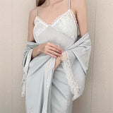 MQTIME  -  Female Twinset Robe Set Kimono Bathrobe Gown Sexy Backless Suspender Nightgown Lingerie with Bra Spring Summer Satin Home Dress