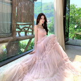 MQTIME  -  Sweet Pink Tulle Maxi Dress Women Summer Spaghetti Strap Ruffle Layered Long Dress Female Elegant Beach Vacation Party Dresses