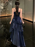 MQTIME  -  Women's Elegant Ruffles Long Dresses Fashion Spaghetti Strap Sleeveless Princess Party Dress Summer Slim Waist Casual Vestidos