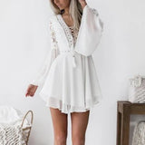 MQTIME  -  White Long Sleeve Ruffle Dress Sexy Vintage Boho Aesthetic Casual Vacation Beach Dresses Splice Chiffon Slim Mini Dress