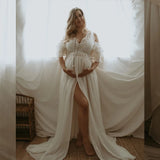  MQTIME  -  Maternity Photography Dresses Elegant V-neck Embroidered Cotton Lace&Chiffon Dress Photography Dress For Pregnant Women