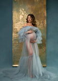 MQTIME  -  Sheer Tulle Maternity Dress for Photoshoot Off the Shoulder Illusion Tiered Pregnant Women Babyshower Dresses Photography Gown