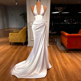 MQTIME  -  Elegant Women White Halter Satin Mermaid Wedding Dresses Deep V Neck Backless Sleeveless Ruched Train Formal Evening Bridal Gown