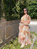 MQTIME  -  Elegant  Women's Print V-neck Long Dress Loose Long Sleeve Patchwork Party Dresses Female Fashion Summer Fall Robe