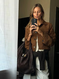 MQTIME  -  Women Brown Suede Leather Jacket Vintage Lapel Single Breasted Long Sleeve Pocket Slim Outerwear Spring Lady Chic Top 2025