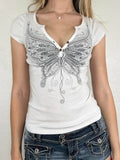  MQTIME  -  Streetwear Casual Butterfly Print V Neck Short Sleeve Slim Knitted All Match T-shirts