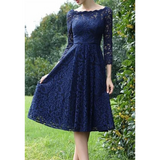 MQTIME  -  Navy Lace Mother of the Bride Dresses Boat Neck Three Quarter Sleeves Ziper Back Tea Length Wedding Party Dresses
