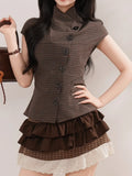  MQTIME  -  Vintage Preppy Stand Neck Short Sleeve Single Breasted Plaid Y2k Women Shirt
