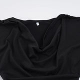  MQTIME  -  Women's Elegant Black Cold Shoulder Top with Draped Neckline Ruched Waist Short Flared Sleeves Casual & Chic Crop Clothes